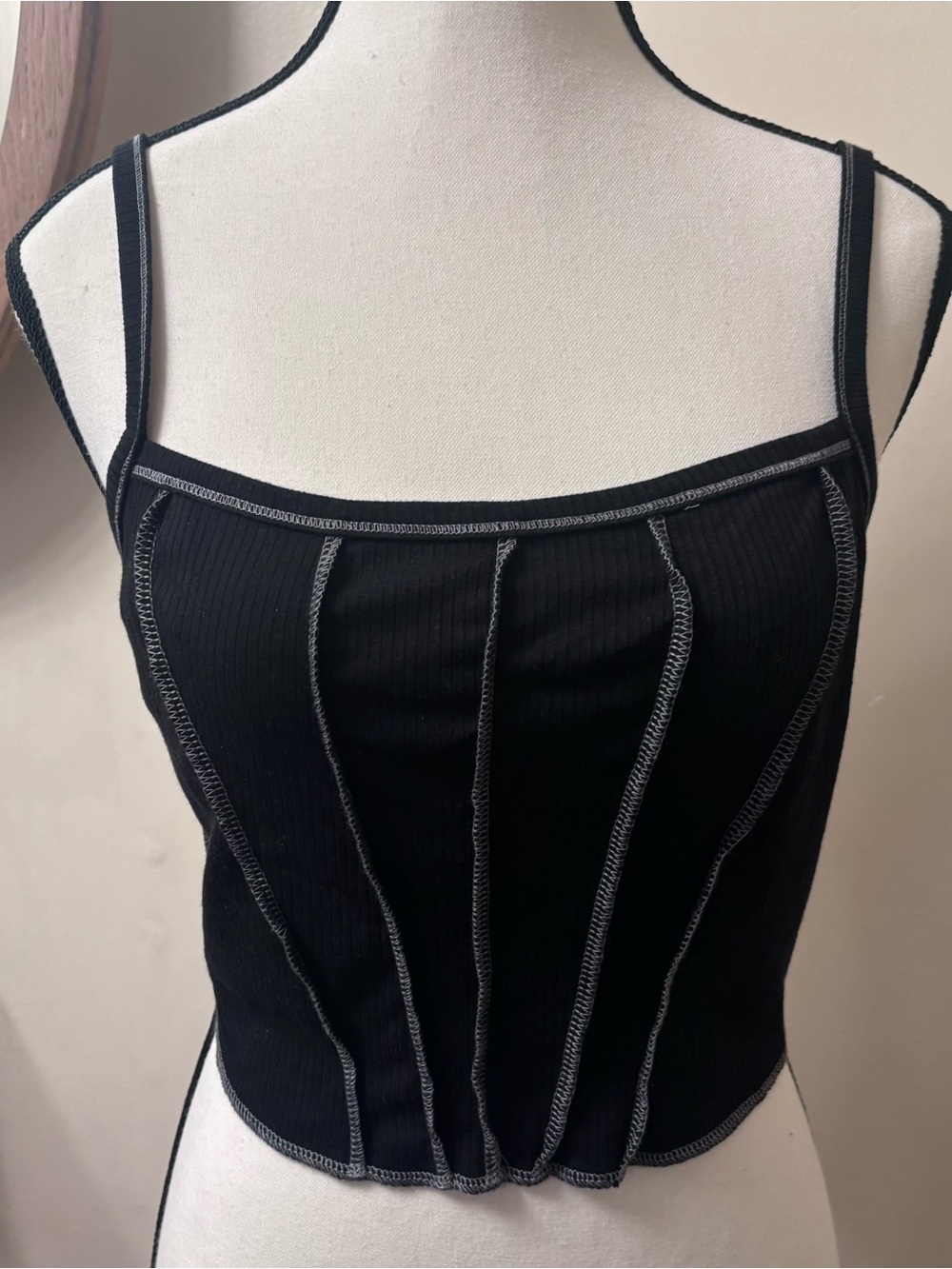 Black Ribbed Contrast-Stitched Cami Top